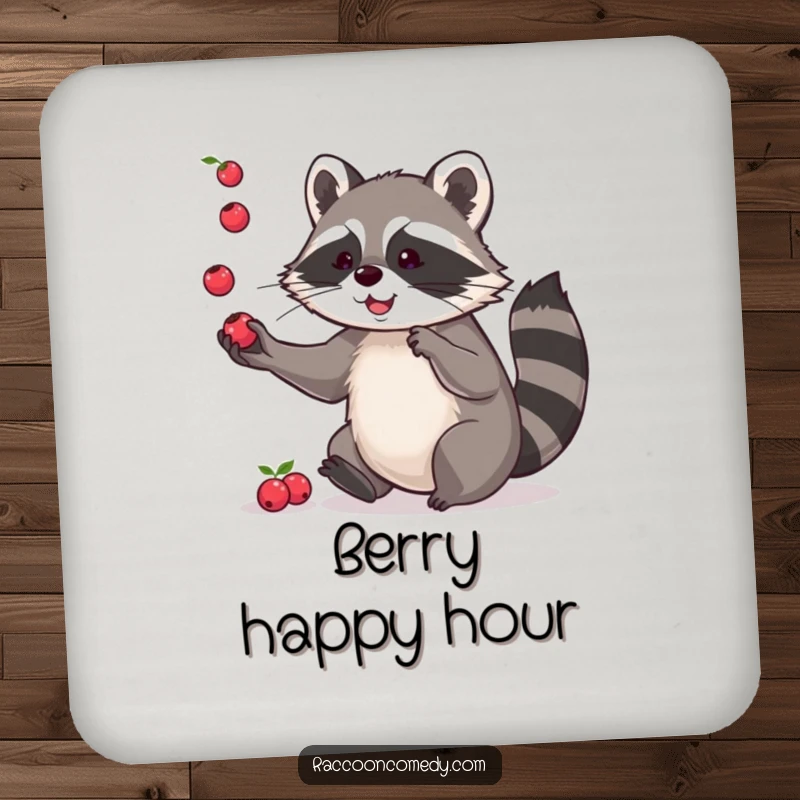 Funny drink coaster showing a playful raccoon juggling berries, offering surface protection with a touch of nimble humor.