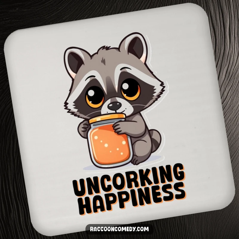 Funny raccoon coaster with an illustration of a raccoon with large eyes trying to open a jar, protecting surfaces with determination, a funny gift.