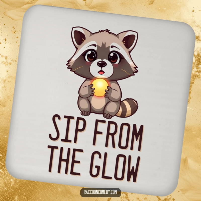 Funny raccoon coaster with an illustration of a surprised raccoon holding a glowing orb, protecting surfaces with mystery, a funny gift.