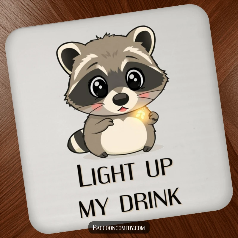 Funny raccoon drink coaster with a surprised raccoon with wide eyes, gazing at a glowing firefly, adding a humorous and magical touch.
