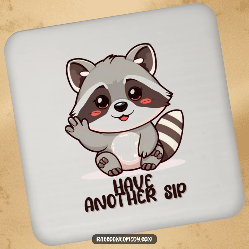 Funny drink coaster depicting a friendly raccoon with a beckoning gesture, extending a warm invitation to enjoy drinks.