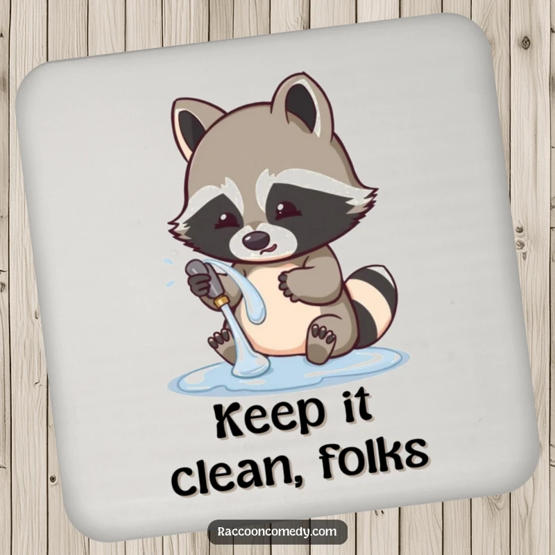 Funny raccoon drink coaster with a cute character playfully washing a shiny object, offering surface protection with a humorous twist.