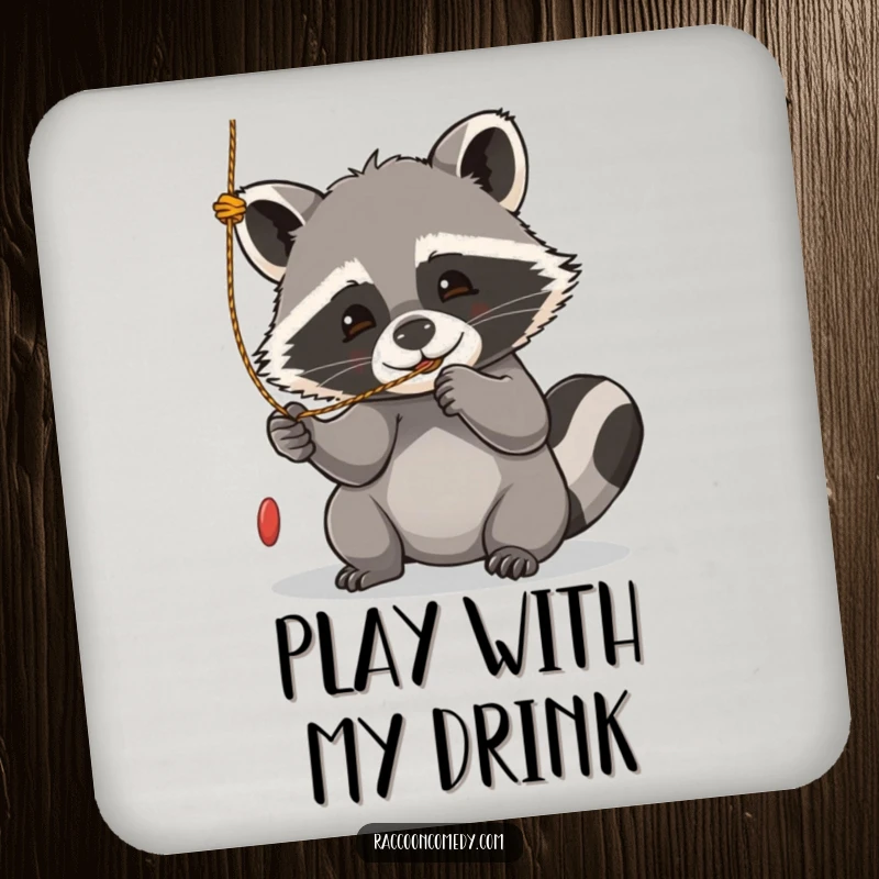Funny kawaii raccoon drink coaster, playfully batting at a dangling string, ready to protect your surfaces.