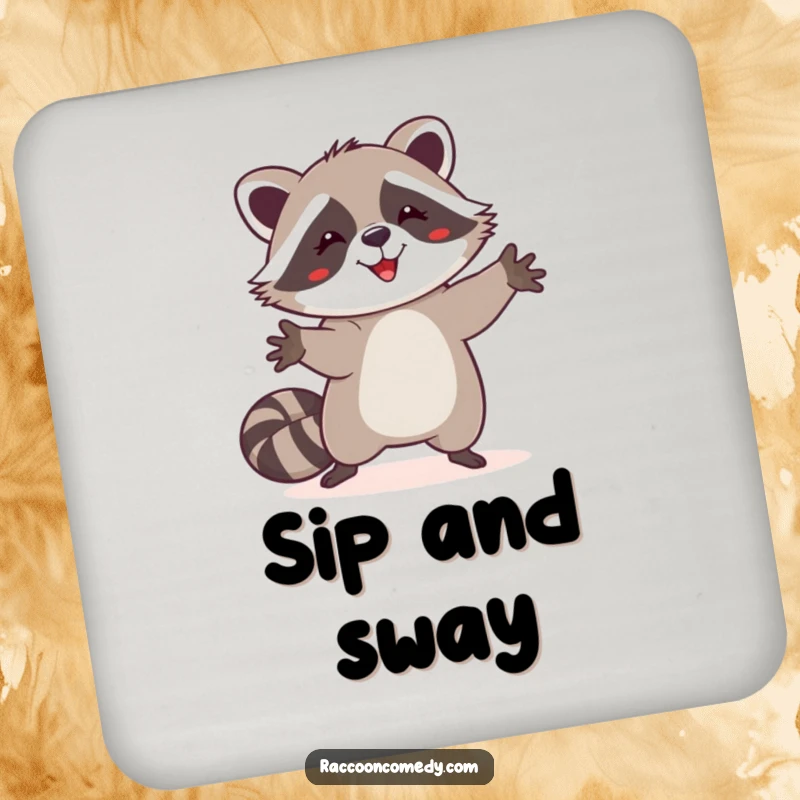 Funny happy raccoon coasters, silly dance, paws raised, set of coasters, whimsical drink accessory, humorous housewarming gift.
