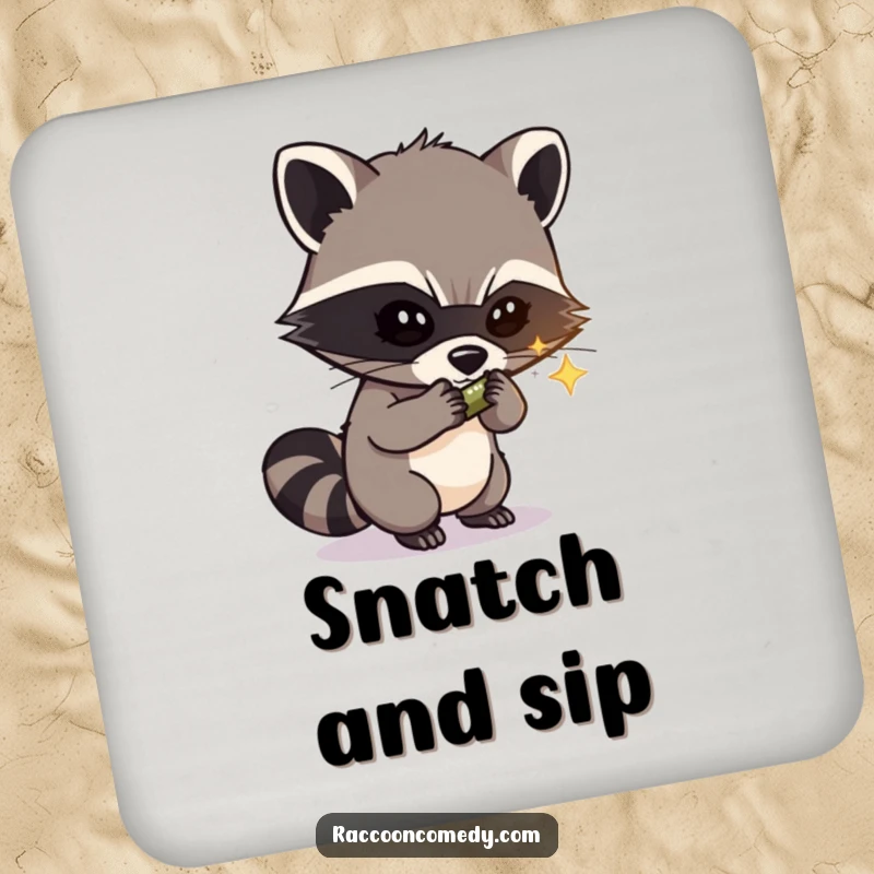 Funny drink coaster showing a masked raccoon thief ready to snatch a shiny object, providing surface protection with a humorous design.