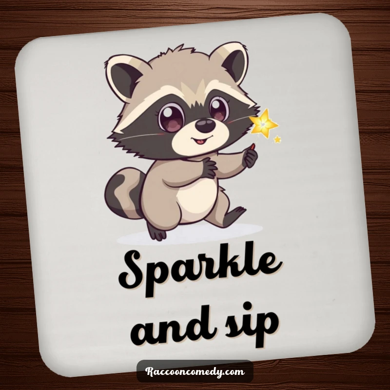 Funny playful raccoon coasters, wide eyes, chasing sparkling firefly, set of coasters, whimsical drink accessory, humorous housewarming gift.