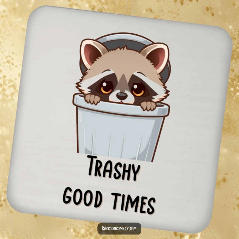 Funny Raccoon Coaster: A kawaii raccoon peeking from a trash can, protecting surfaces with a dose of adorable humor.