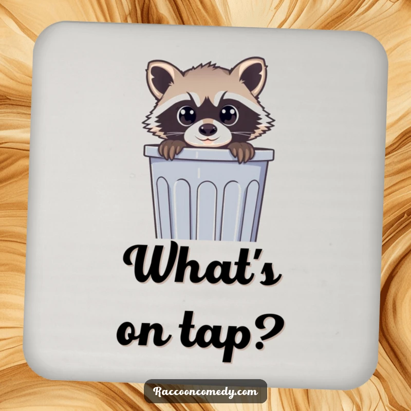 Funny drink coaster showing a curious raccoon peeking from a trash can, offering surface protection with a touch of endearing humor.