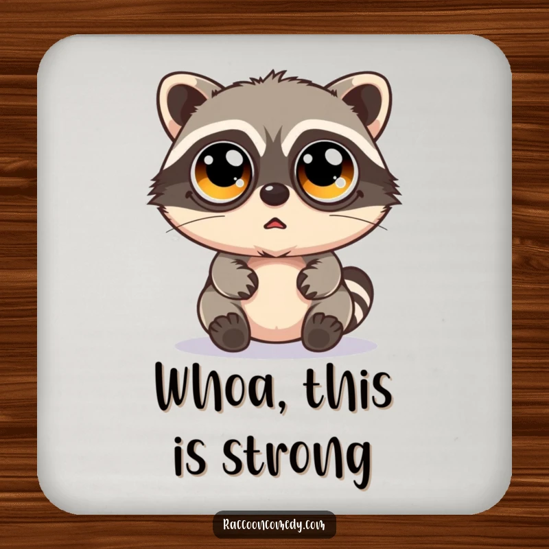 Funny kawaii raccoon with oversized googly eyes and a bewildered expression on a durable drink coaster.