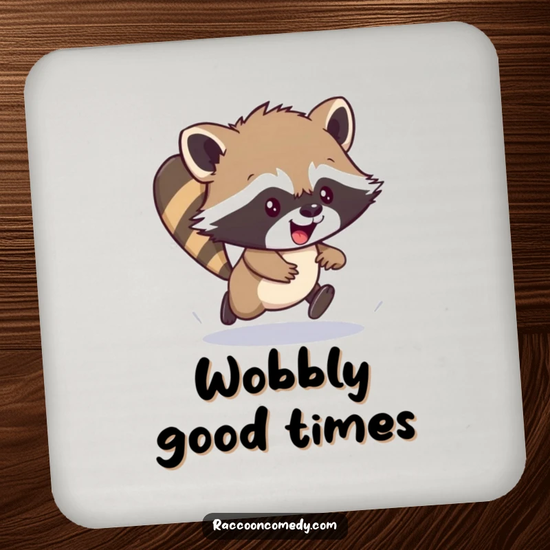 Funny drink coaster featuring an energetic raccoon cub in a clumsy scamper, adding a humorous and protective touch to home decor.