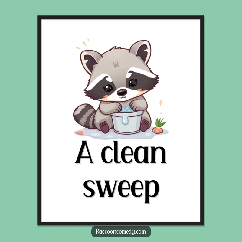Funny Kawaii Raccoon Washing Poster - Adorable Art for Tidy Spaces