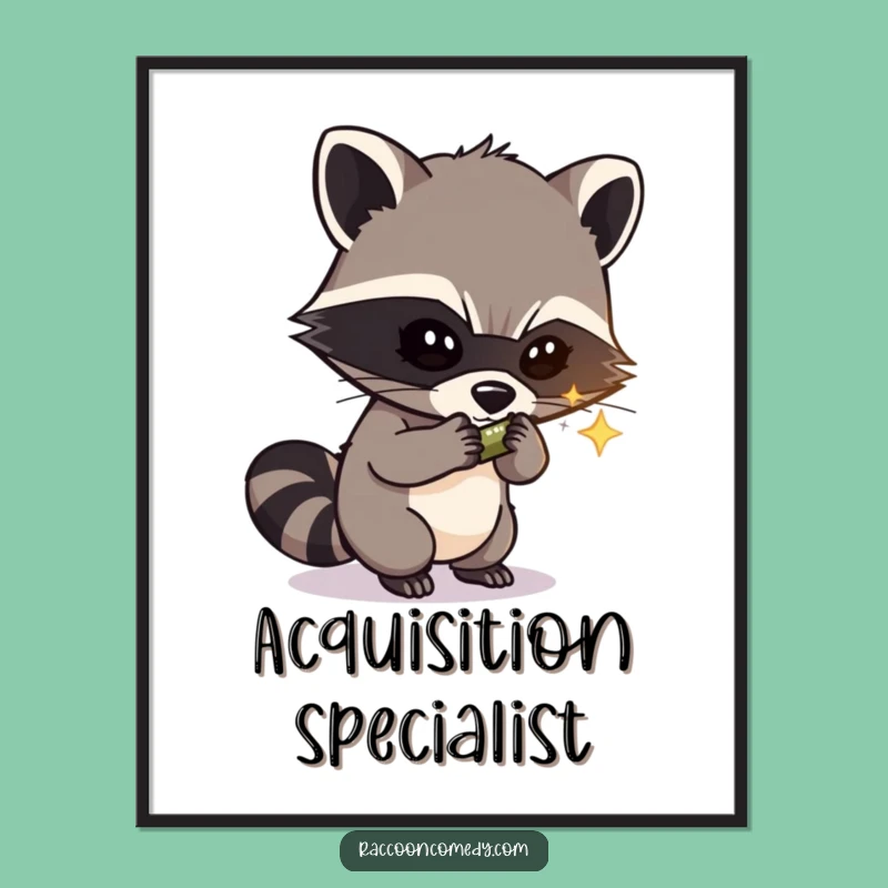 Funny Raccoon Art Print: Mischievous Masked Bandit Stealing Shiny Object, Humorous Wall Decor Funny Gift