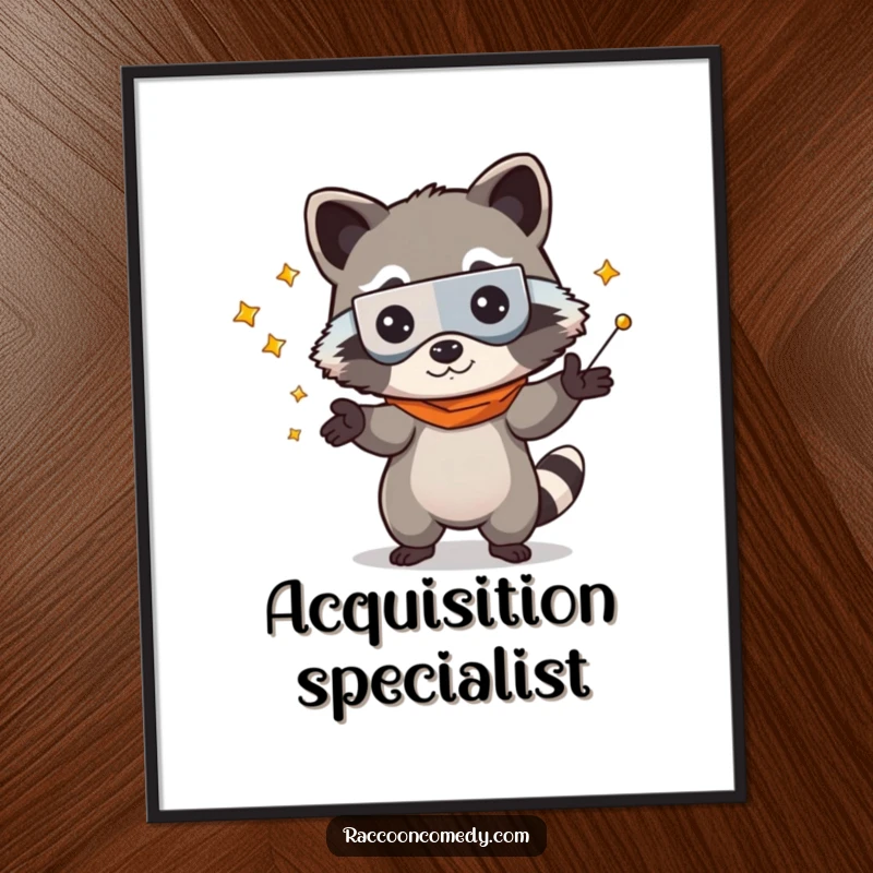 Funny kawaii raccoon dressed as a bandit, playfully juggling shiny objects on a colorful poster, perfect for wall decor.