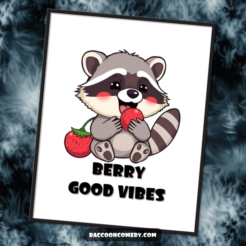 Funny raccoon poster showing a delighted character enjoying a large, succulent berry, bringing a touch of playful humor to any space.
