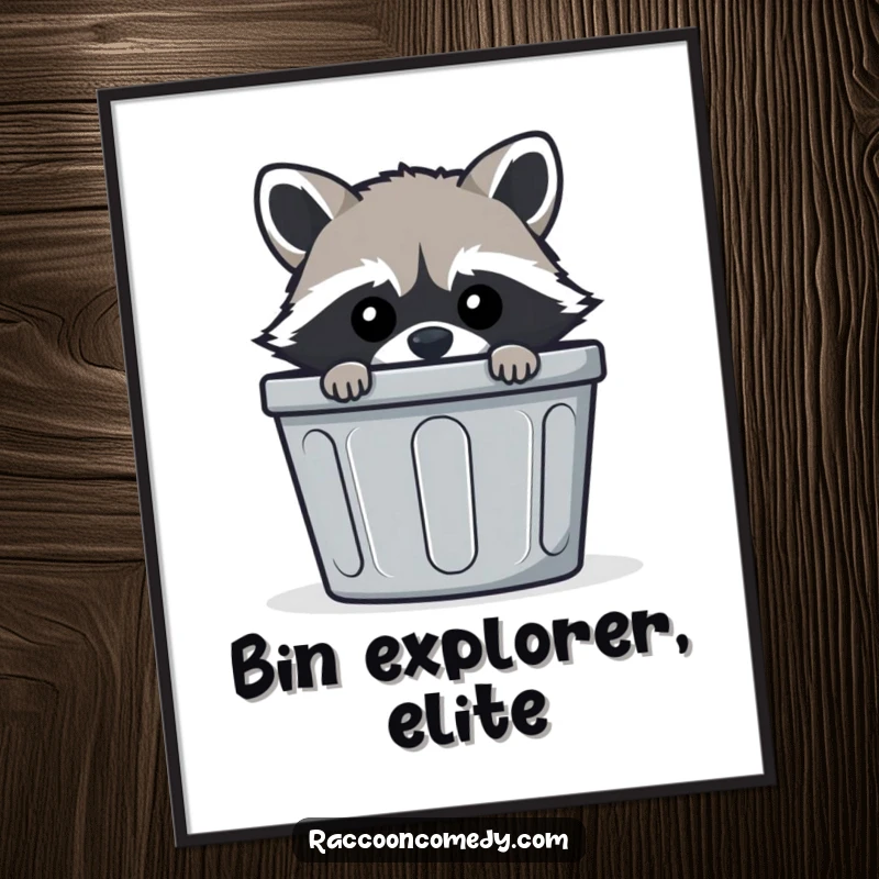 Funny mischievous raccoon poster art, peeking from striped trash bin, sly animal graphic, humorous wall decor.