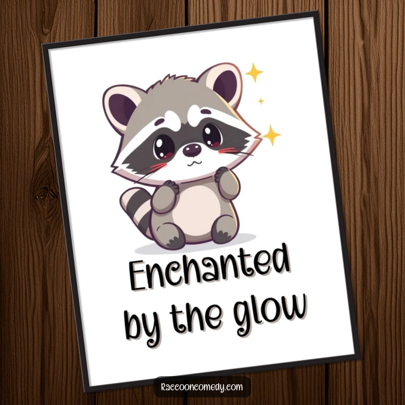 Funny kawaii raccoon looking surprised by a shimmering light, presented as vibrant wall art for a magical atmosphere.