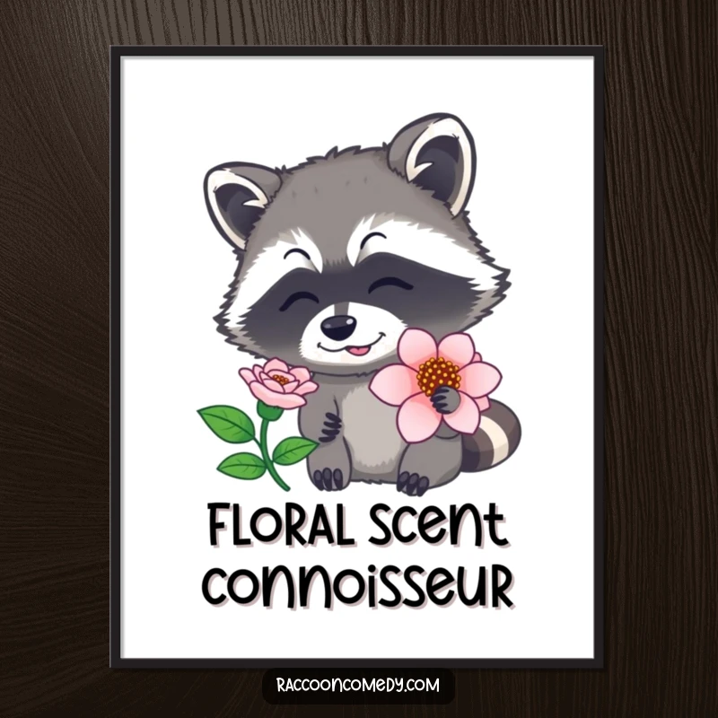 Funny raccoon poster illustrating a masked creature delicately sniffing a flower, nose twitching with sensory delight, excellent wall decor.