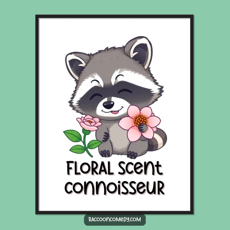 Funny Raccoon Flower Poster - Whimsical Nature Art, Perfect Humorous Gift!