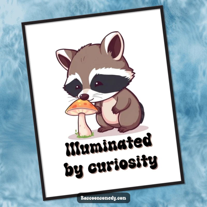 Funny Raccoon Poster: A curious raccoon is captivated by a glowing mushroom, radiating an aura of pure wonder.