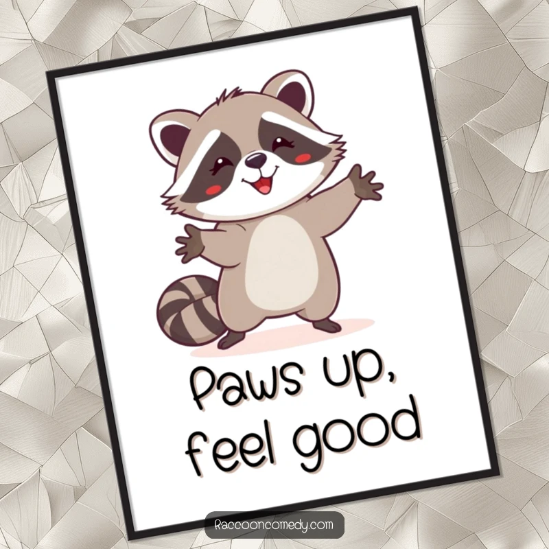 Funny happy raccoon poster art, silly dance, paws in the air, energetic animal graphic, humorous wall decor.