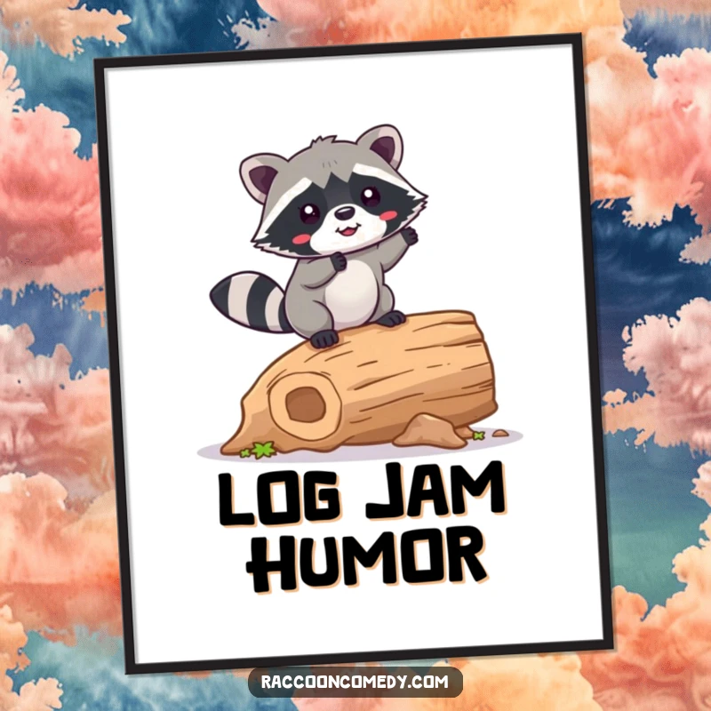 Funny Raccoon Poster: A kawaii raccoon happily wobbling while balancing on a hollow log, a heartwarming and humorous piece of wall art.