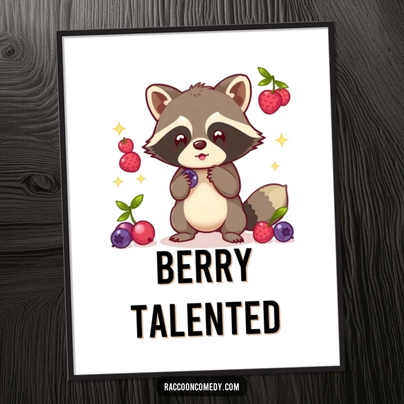 Funny Kawaii Raccoon Poster: Charming illustration of a raccoon juggling glowing berries with nimble paws.