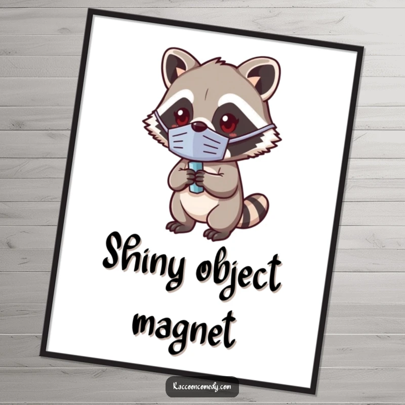Funny Kawaii Raccoon Poster: Charming illustration of a masked raccoon holding a glittering shiny object.