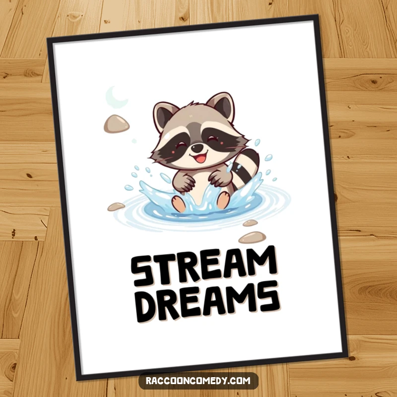 Funny kawaii raccoon joyfully splashing water in a rippling stream with visible delight, depicted in a whimsical poster.