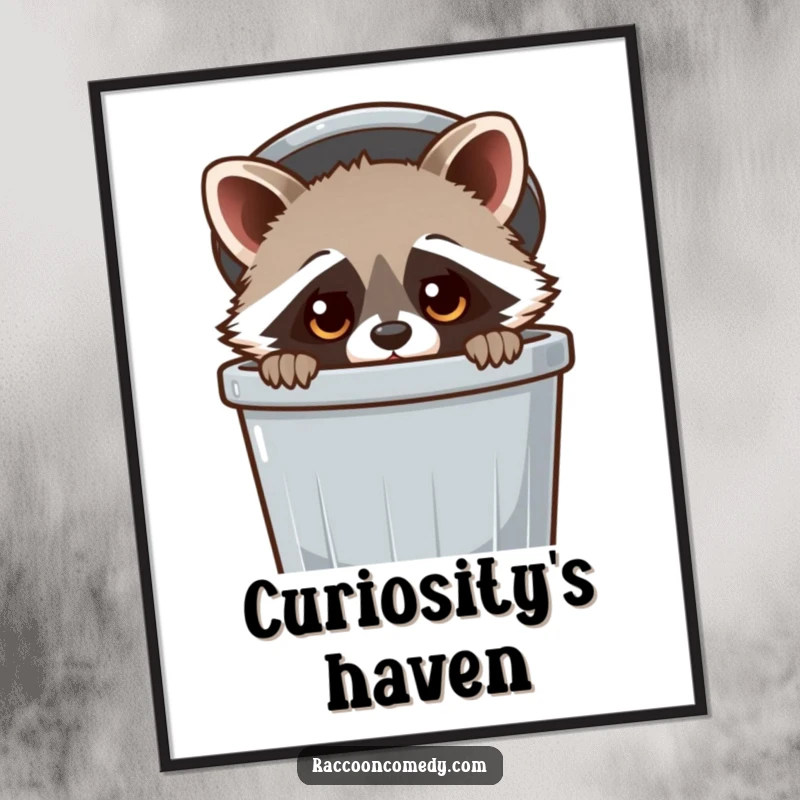 Funny Raccoon Poster: A kawaii raccoon with wide, curious eyes peeking out from a trash can, a heartwarming and humorous piece of wall art.