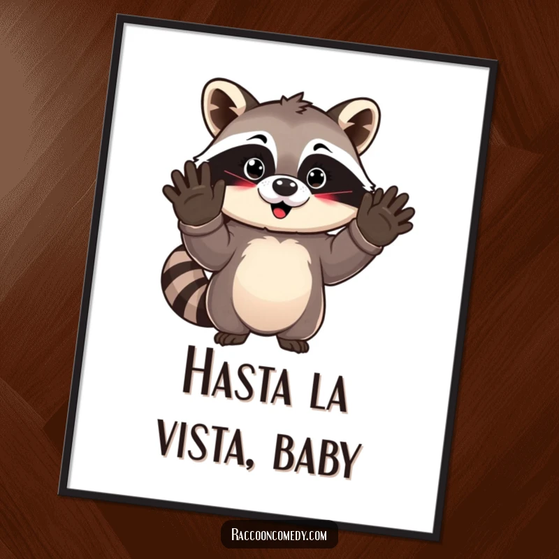 Funny kawaii raccoon with oversized gloves gleefully waving goodbye, a charming piece of wall art for a happy vibe.