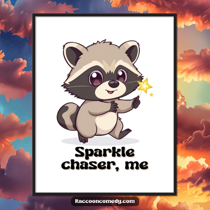 Funny playful raccoon poster art, wide eyes, chasing sparkling firefly, whimsical animal graphic, humorous wall decor.