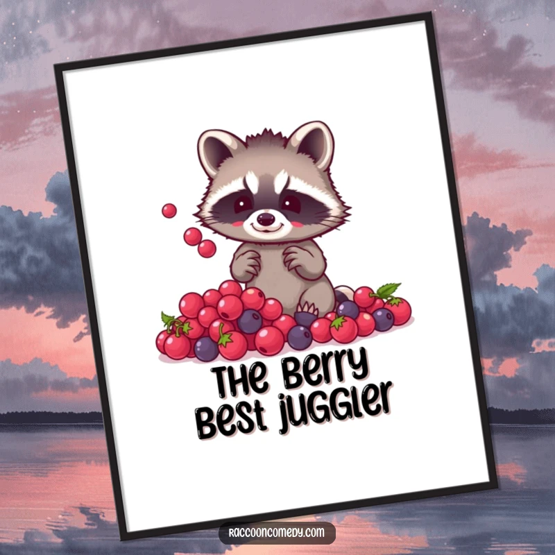 Funny raccoon berry juggling poster print of a small raccoon with tiny paws balancing a pile of shiny berries, adding whimsical humor to decor.