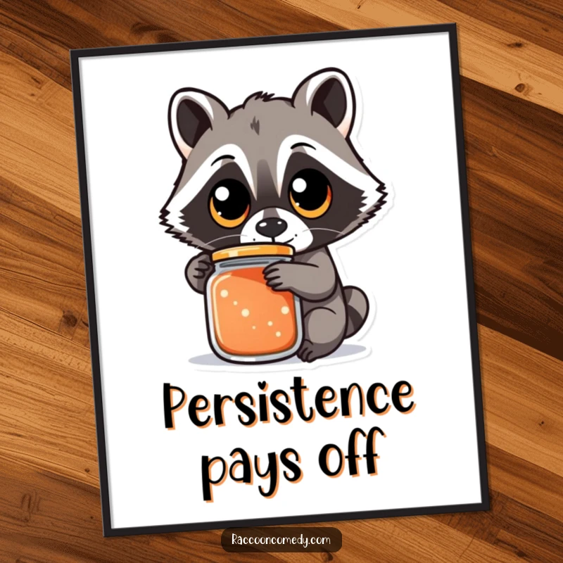 Funny raccoon poster illustrating a creature with large, round eyes intently trying to open a stubborn jar, evoking humorous perseverance, excellent decor.