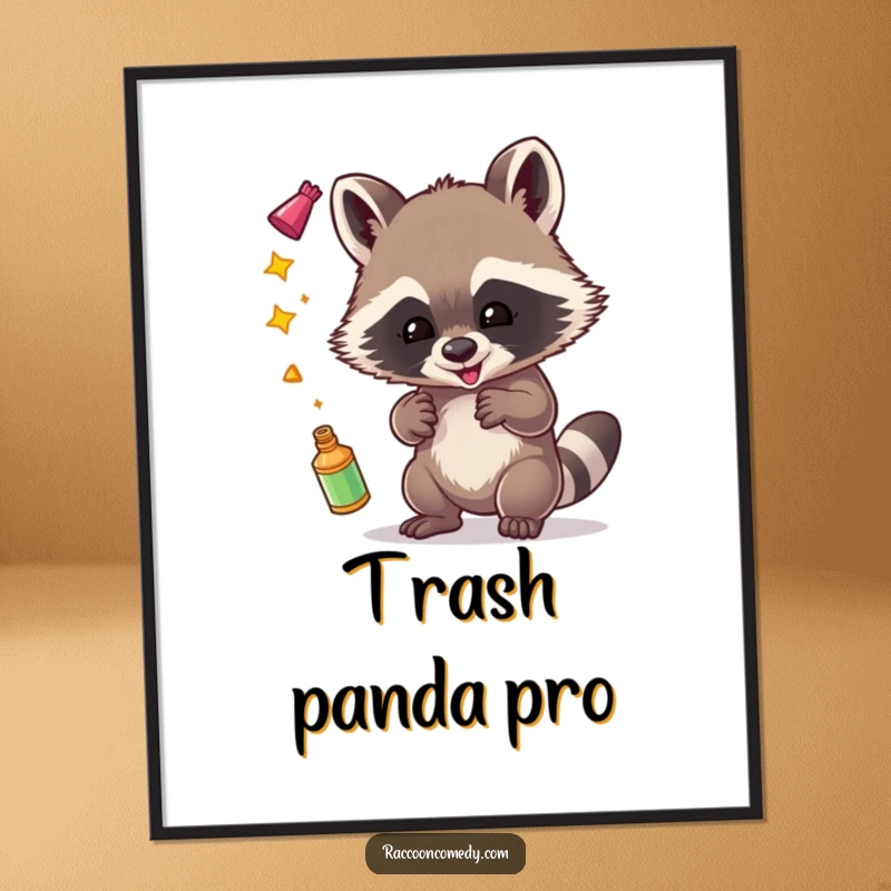 Funny poster art of a mischievous raccoon performing a juggling act with shiny, glittering objects, radiating glee.