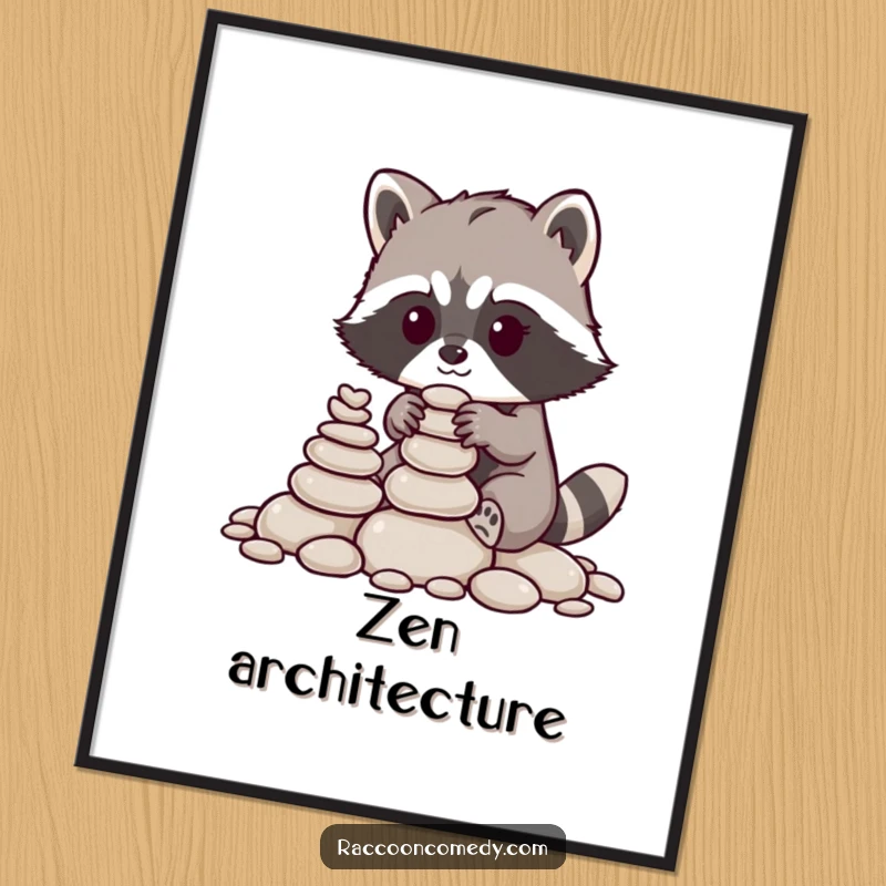 Funny raccoon poster, artistic woodland illustration of a raccoon stacking pebbles, cute and detailed wall art for any room.