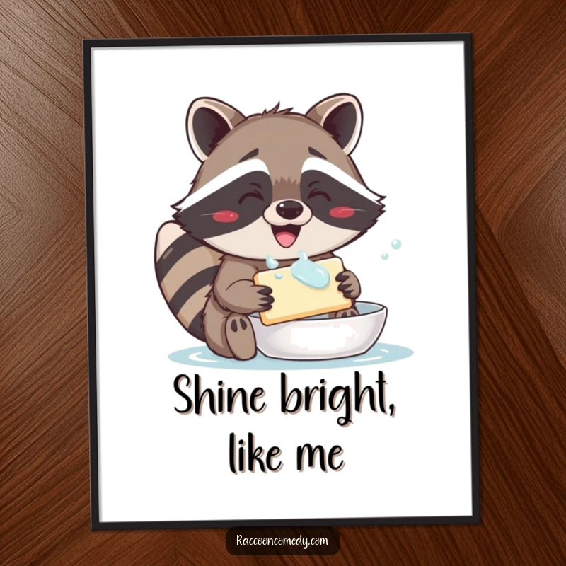 Funny poster displaying a happy raccoon with a wide, joyful smile, thoroughly washing a bar of soap.