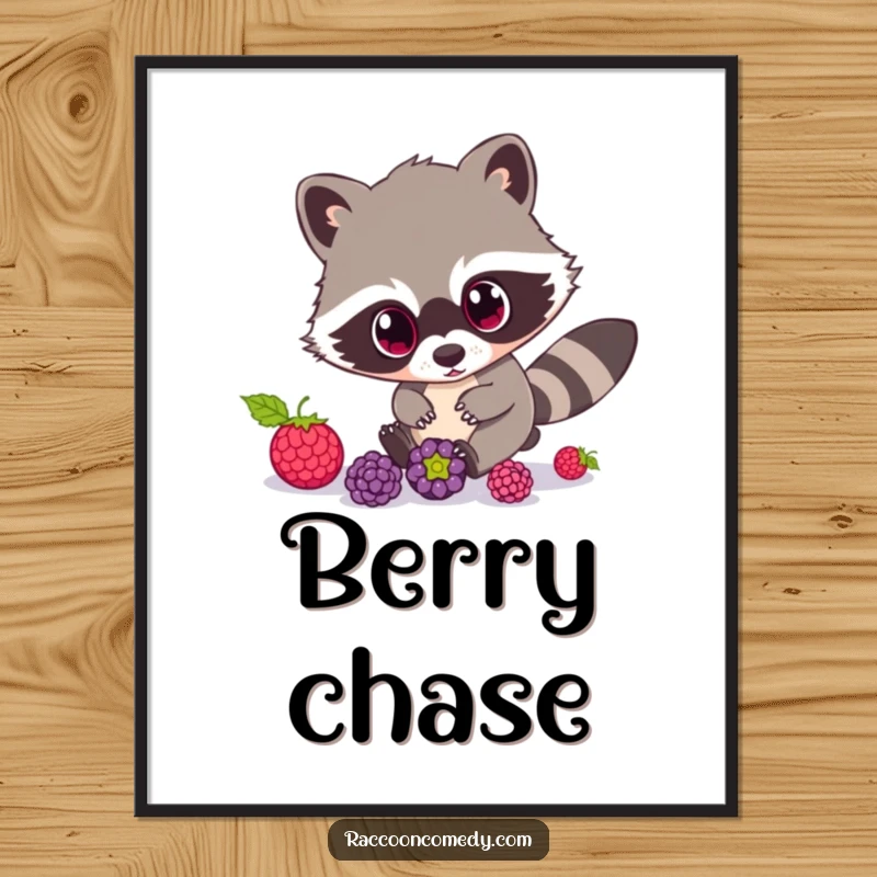 Funny Raccoon Poster: This wall art features a raccoon with comically wide eyes, intensely pursuing several rolling berries.