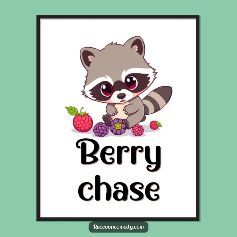 Funny Raccoon Poster: Wide-Eyed Berry Chase Art, Perfect Funny Gift