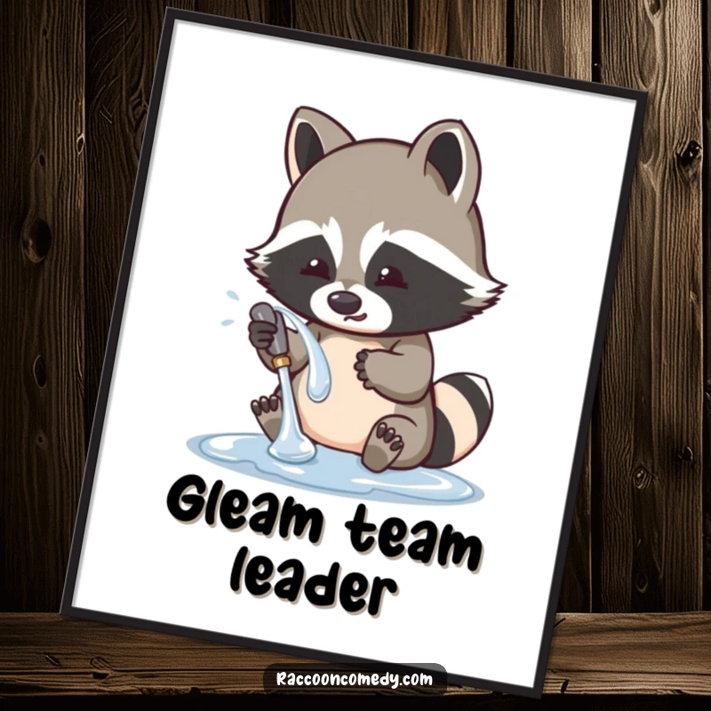 Funny raccoon poster featuring a cute character playfully washing a shiny object, creating a humorous and artistic wall display.
