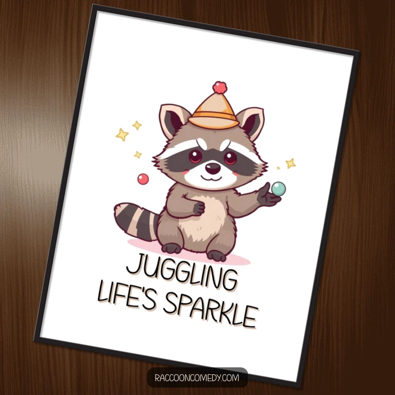Funny cute raccoon poster art, small hat, juggling shiny objects, skilled animal graphic, humorous wall decor.