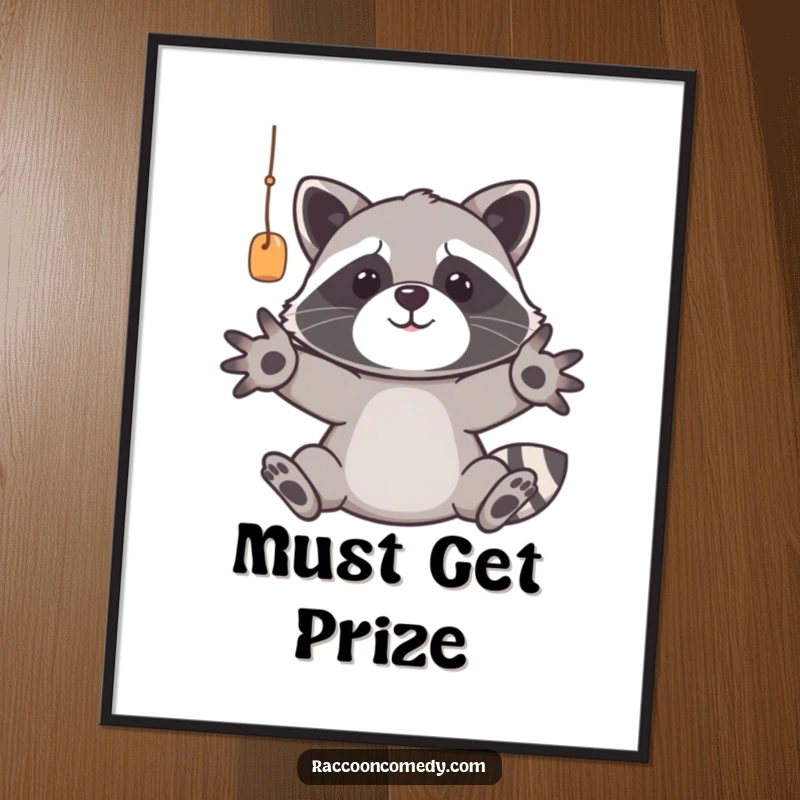 Funny raccoon poster displaying a determined trash panda with extended paws, aiming for a suspended delicacy, capturing a moment of high-stakes, funny pursuit.