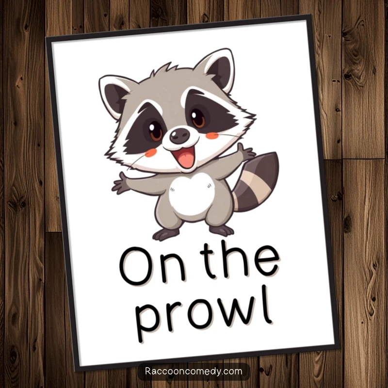 Funny poster art of an excited raccoon, eyes wide with anticipation, ready for a thrilling, sneaky adventure.