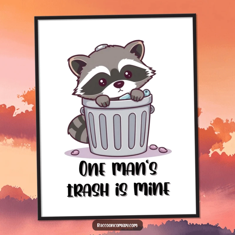 Funny mischievous raccoon trash poster print of a raccoon peeking with a sly grin from behind an overflowing trash can, adding humor to any room.
