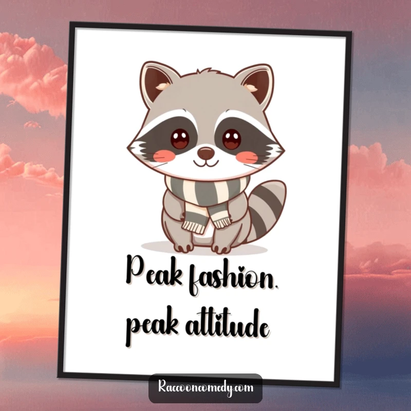 Funny kawaii raccoon with a cheeky smile and a small striped scarf, presented as vibrant wall art for a charming display.