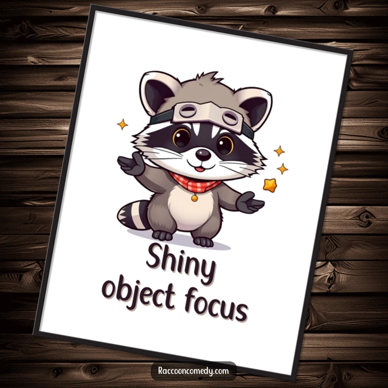 Funny Raccoon Poster: A kawaii raccoon wearing a bandit mask playfully juggling shiny items, a heartwarming and humorous piece of wall art.