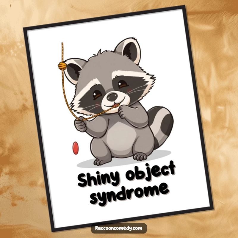 Funny kawaii raccoon poster, playfully batting at a dangling string with an expression of pure, happy concentration.