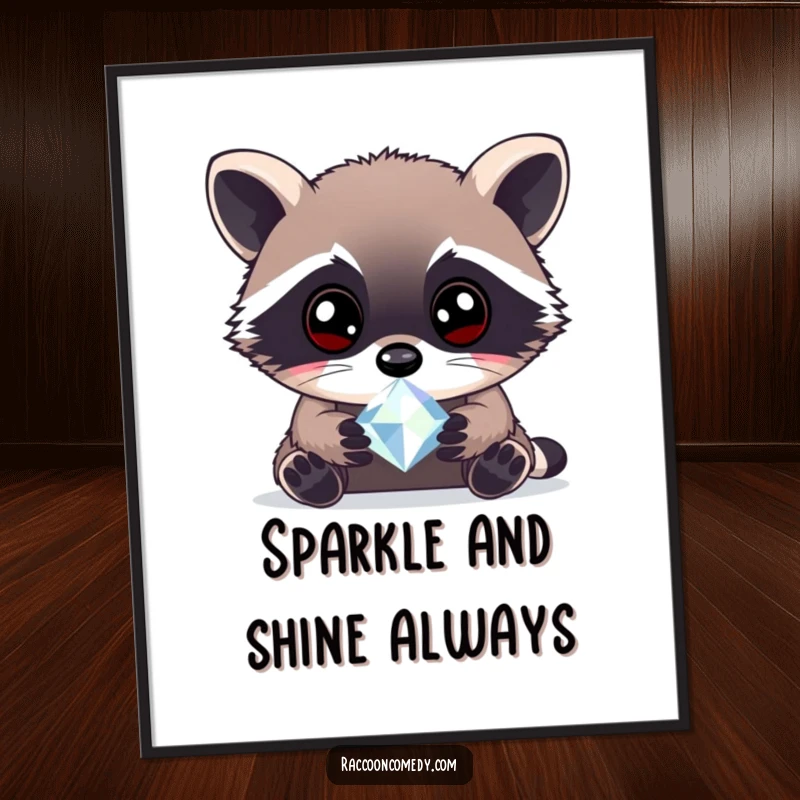 Funny curious raccoon gem poster print of a raccoon with wide, bright eyes intently examining a sparkling gem, adding wonder to decor.