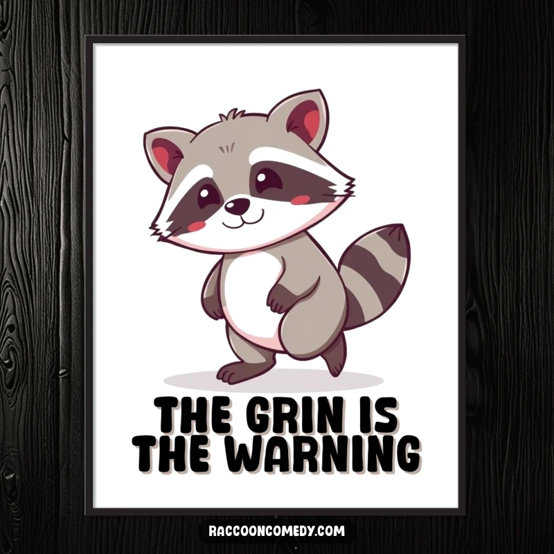 Funny kawaii raccoon tiptoeing with a mischievous grin, presented as vibrant wall art, perfect for adding humor to any room.