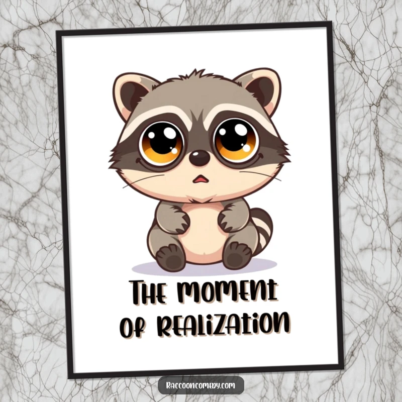 Funny kawaii raccoon with oversized googly eyes, looking completely bewildered, presented as vibrant wall art.