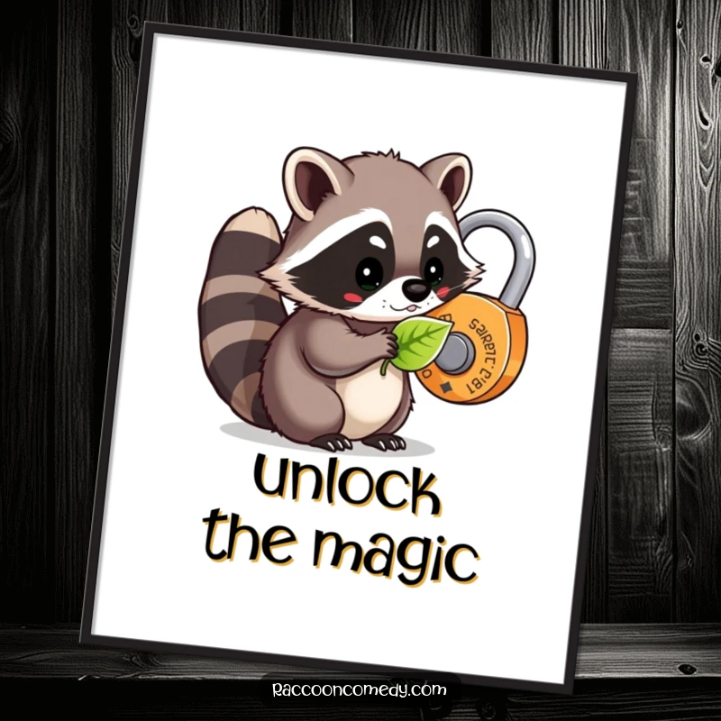 Funny kawaii raccoon attempting to unlock a whimsical lock with a leaf, creating a cute and humorous poster.